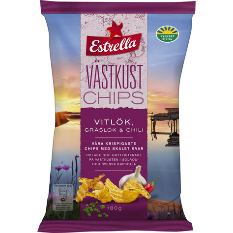 Läs mer om Estrella Västkustchips Vitlök Gräslök Chili 180g