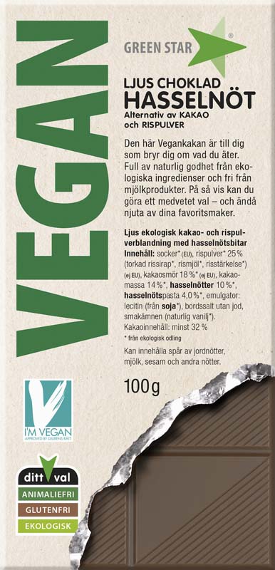 Green Star Vegan Ljus choklad Hasselnöt 100g