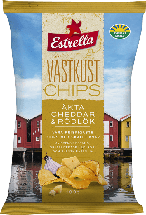 Läs mer om Estrella Västkustchips Äkta Cheddar & Rödlök 180g