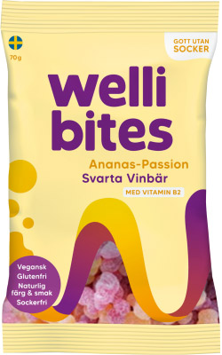 Läs mer om Wellibites Ananas-passion & Svarta vinbär 70g