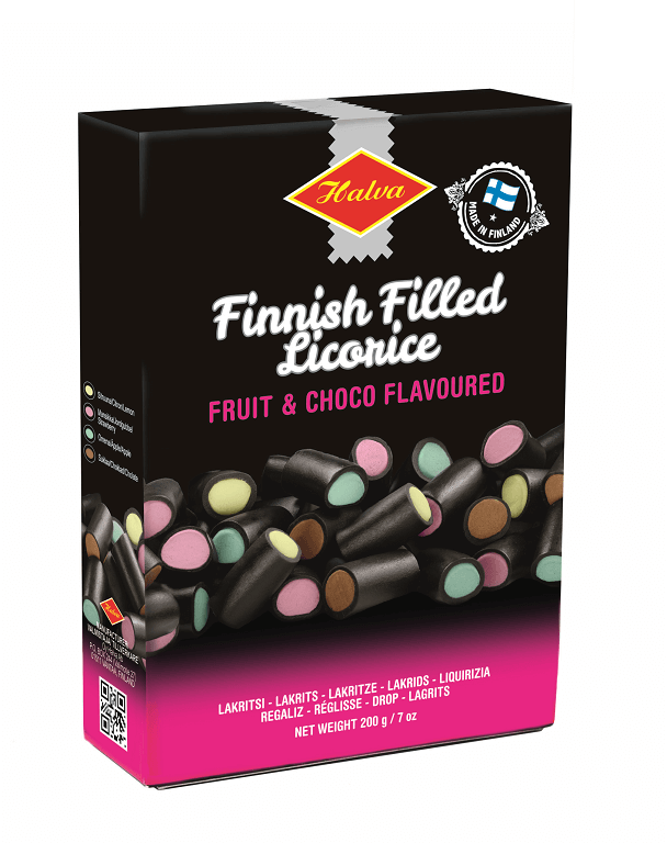 Läs mer om Halva Filled Licorice - Fruit & Choco 200g