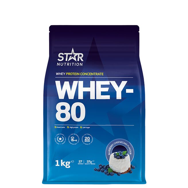 Läs mer om Star Nutrition Whey-80 Blueberry Cheesecake 1kg