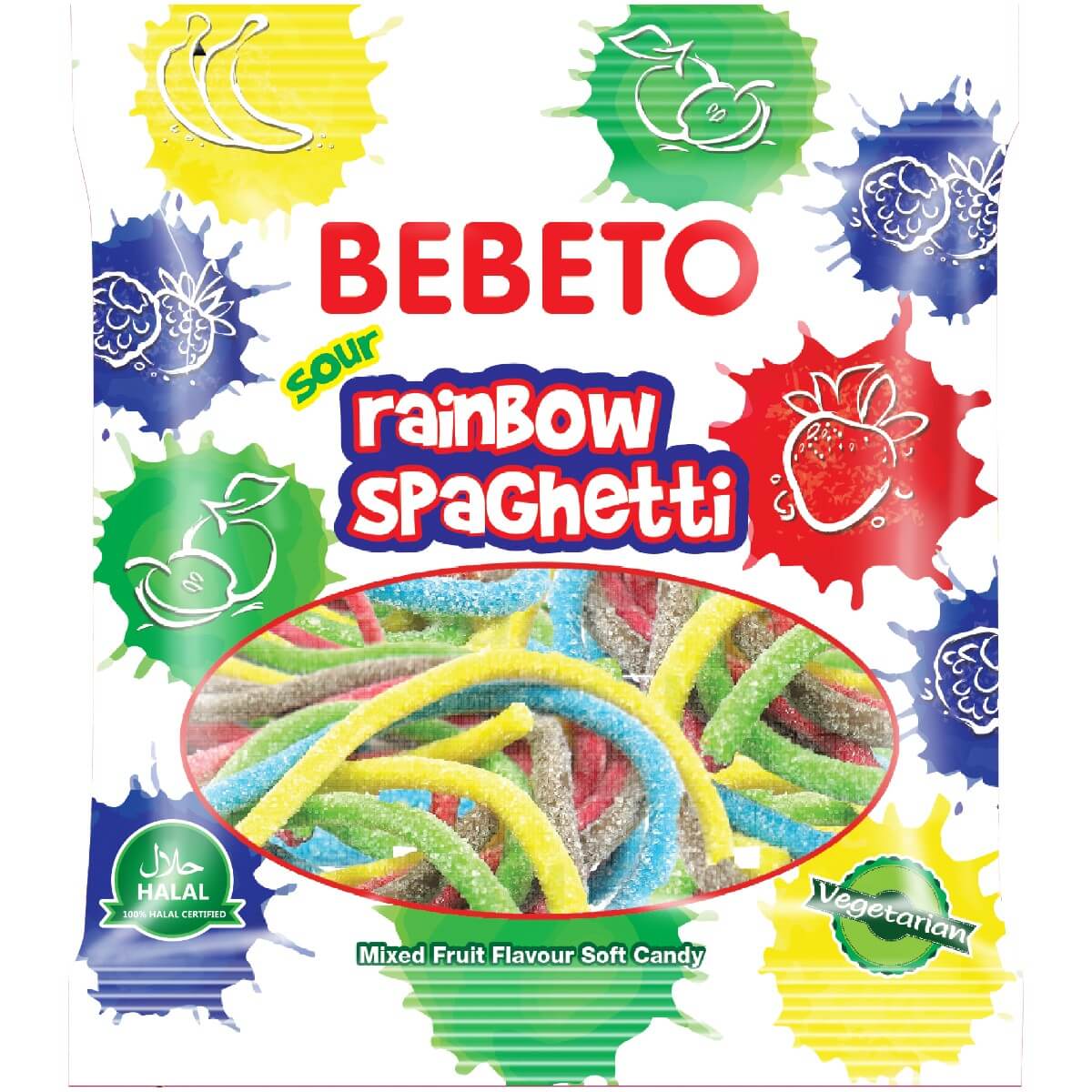 Läs mer om Bebeto Spagetti Sour Rainbow 80g