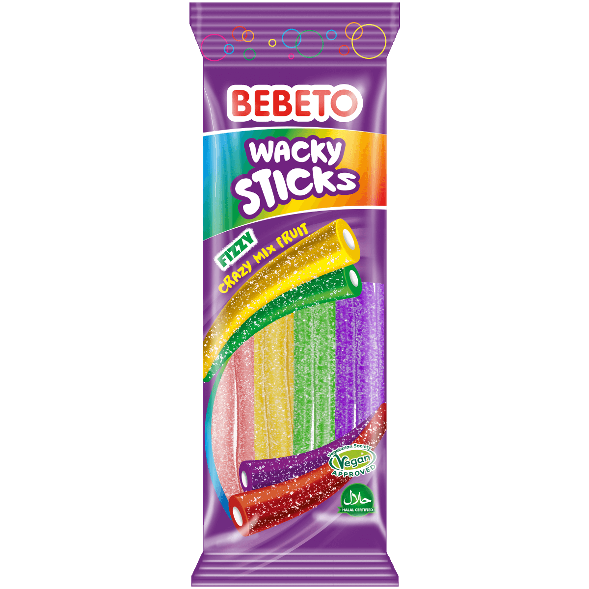Läs mer om Bebeto Wacky Sticks - Fizzy Fruit Mix 180g