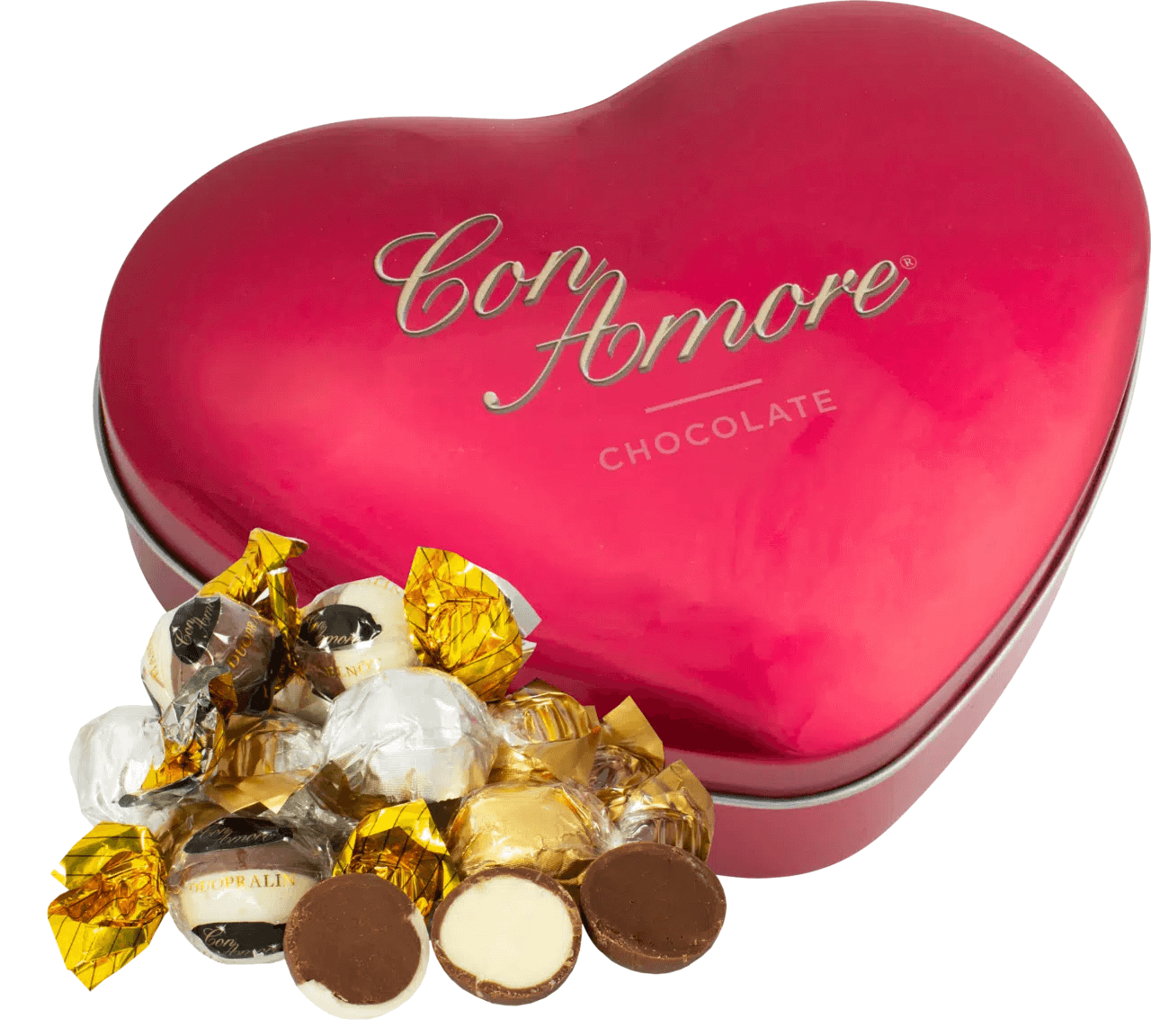 Läs mer om Con Amore Plåthjärta med Chokladpraliner 205g