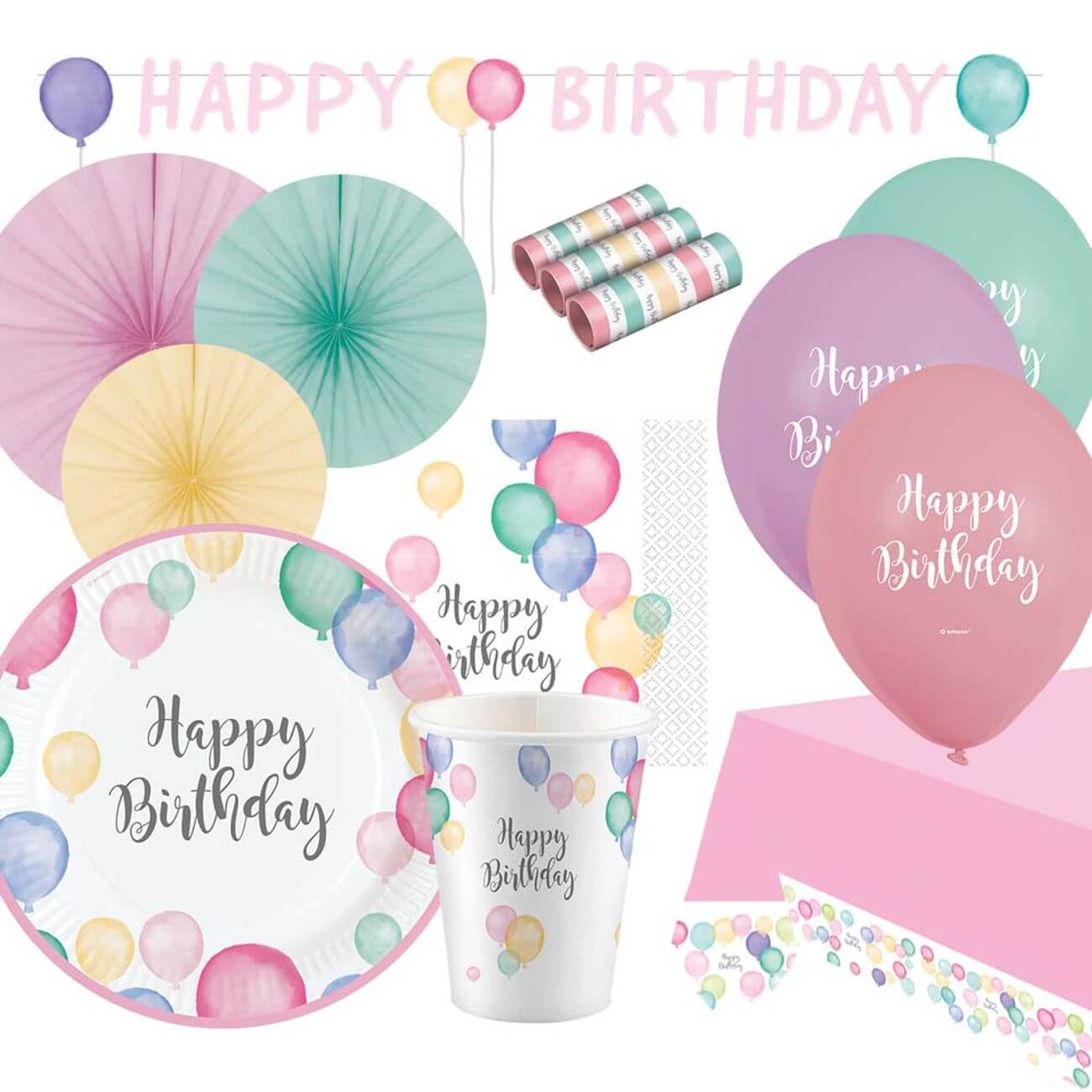 Läs mer om Kalaspaket Happy Birthday Pastell 8 pers