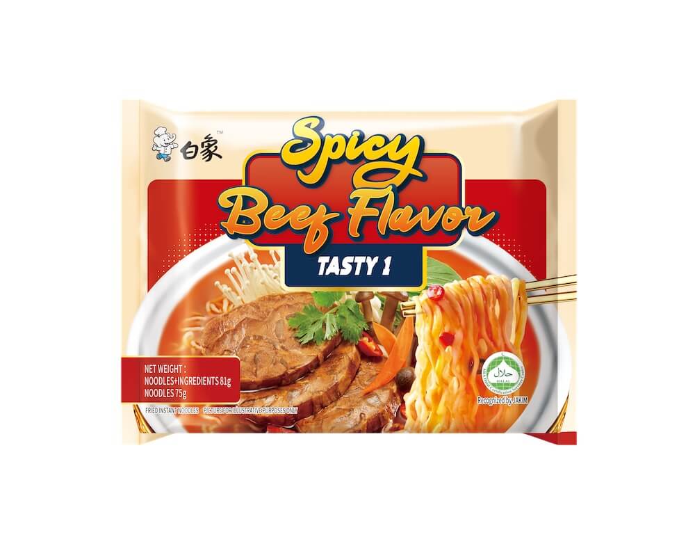 Läs mer om Baixiang Tasty 1 Spicy Beef Flavor Instant Noodles 75g