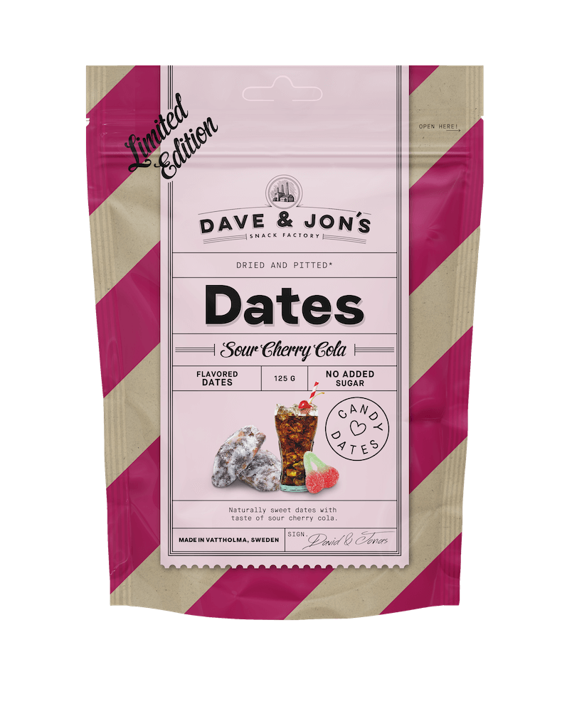 Dave & Jons Dadlar Sour Cherry Cola 125g x 16st | Snacks - Nötter & Torkad frukt - Dadlar | Gottegrisen